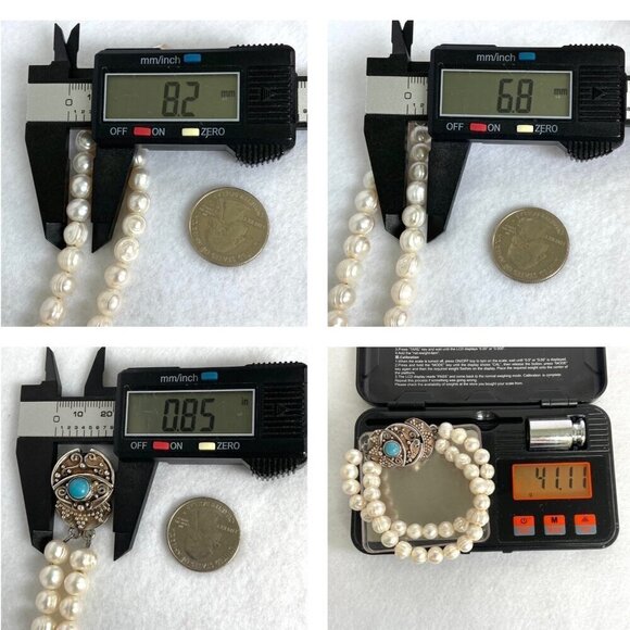 Sterling Silver 925 Two Strand Baroque Pearl Turquoise Bali Clasp Bracelet - Picture 10 of 16